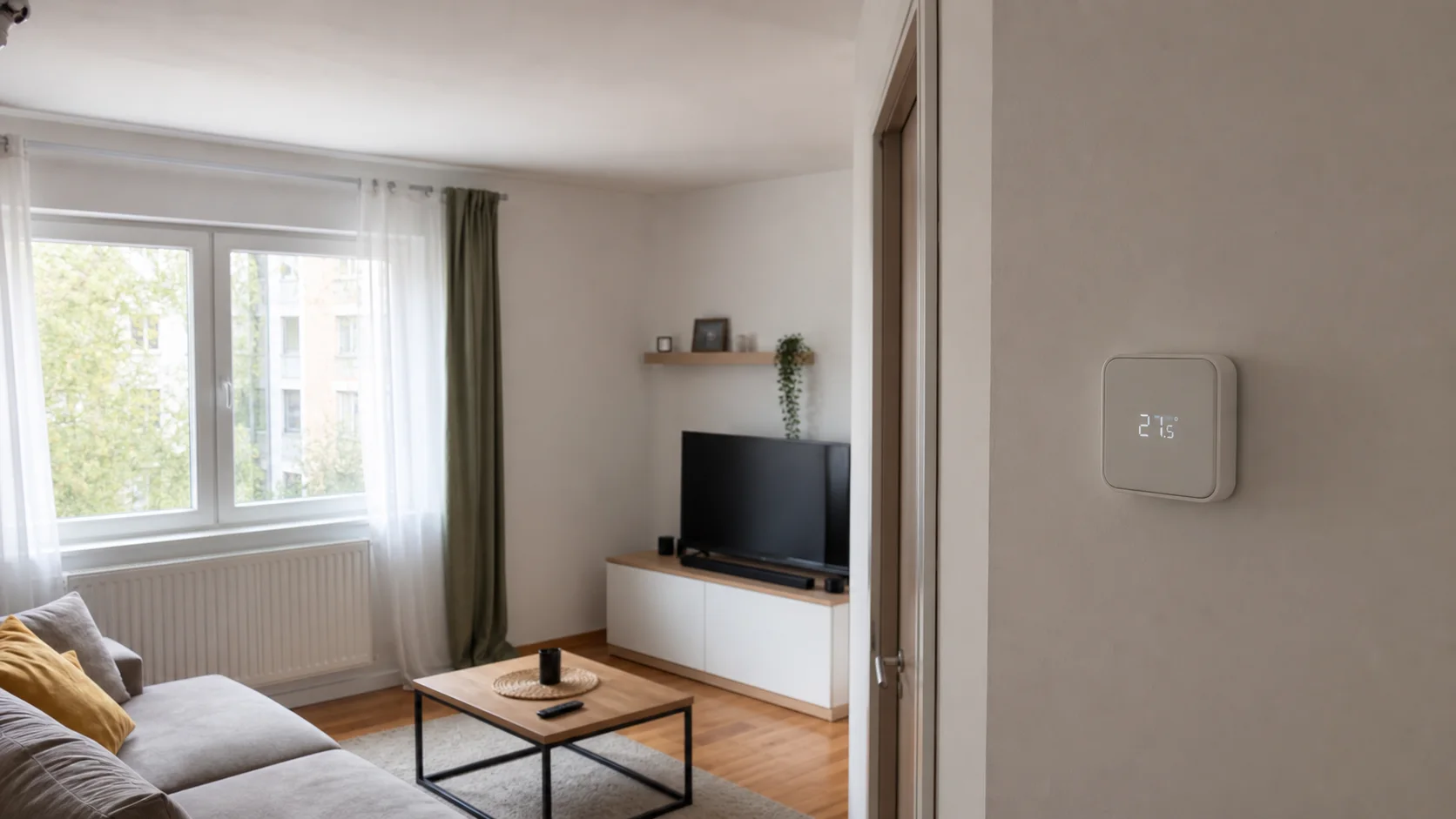 Termostat de ambient montat pe un perete interior liber, departe de radiator și de lumina directă a ferestrei