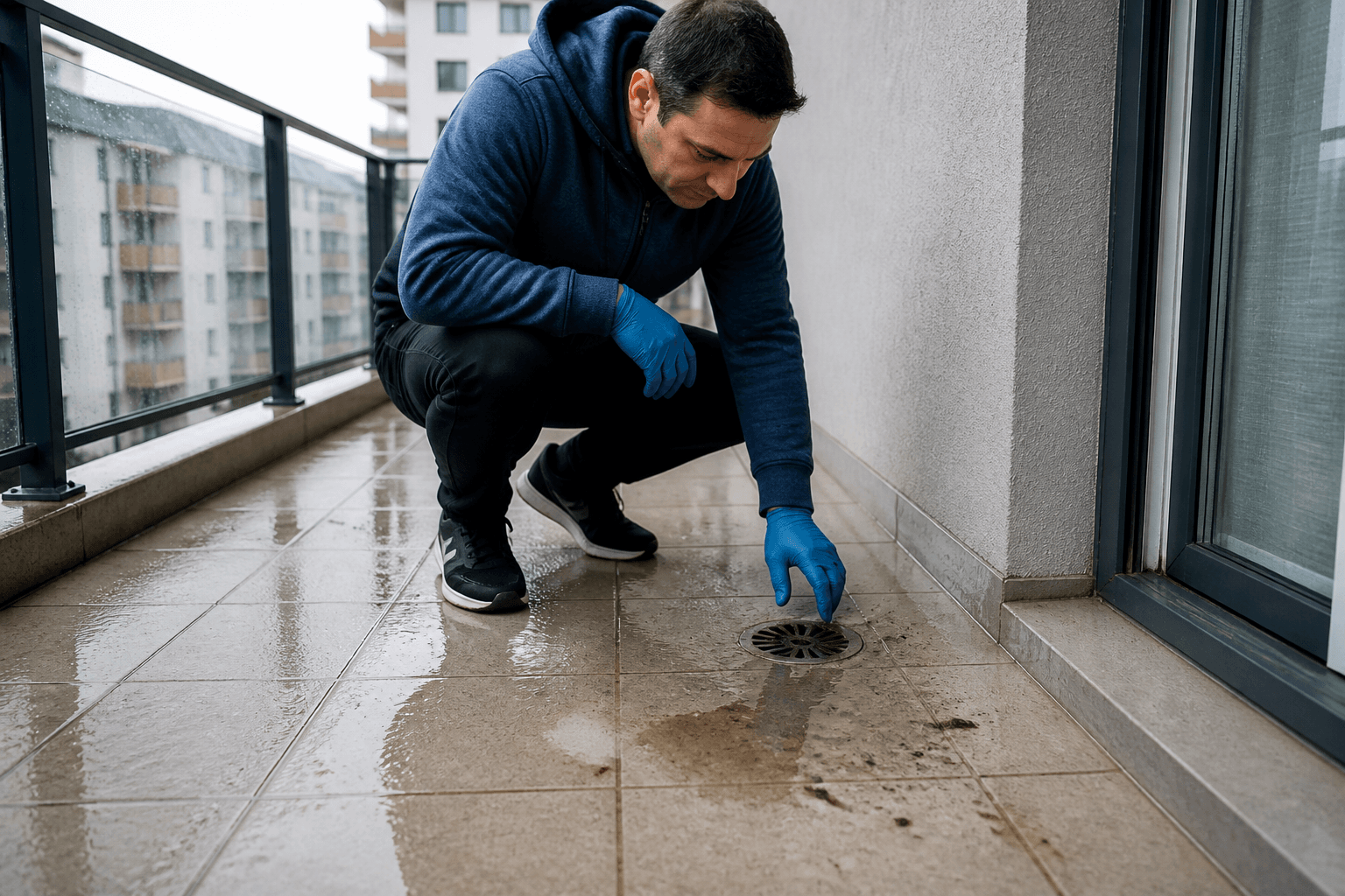 Proprietar care verifică gura de scurgere a unui balcon pe care a rămas apă după ploaie