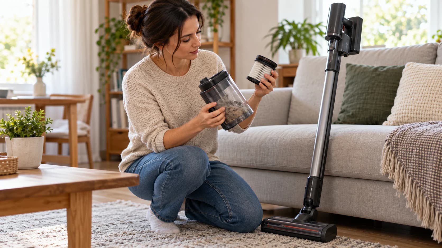 Persoană care verifică recipientul și filtrul unui aspirator vertical oprit lângă canapea