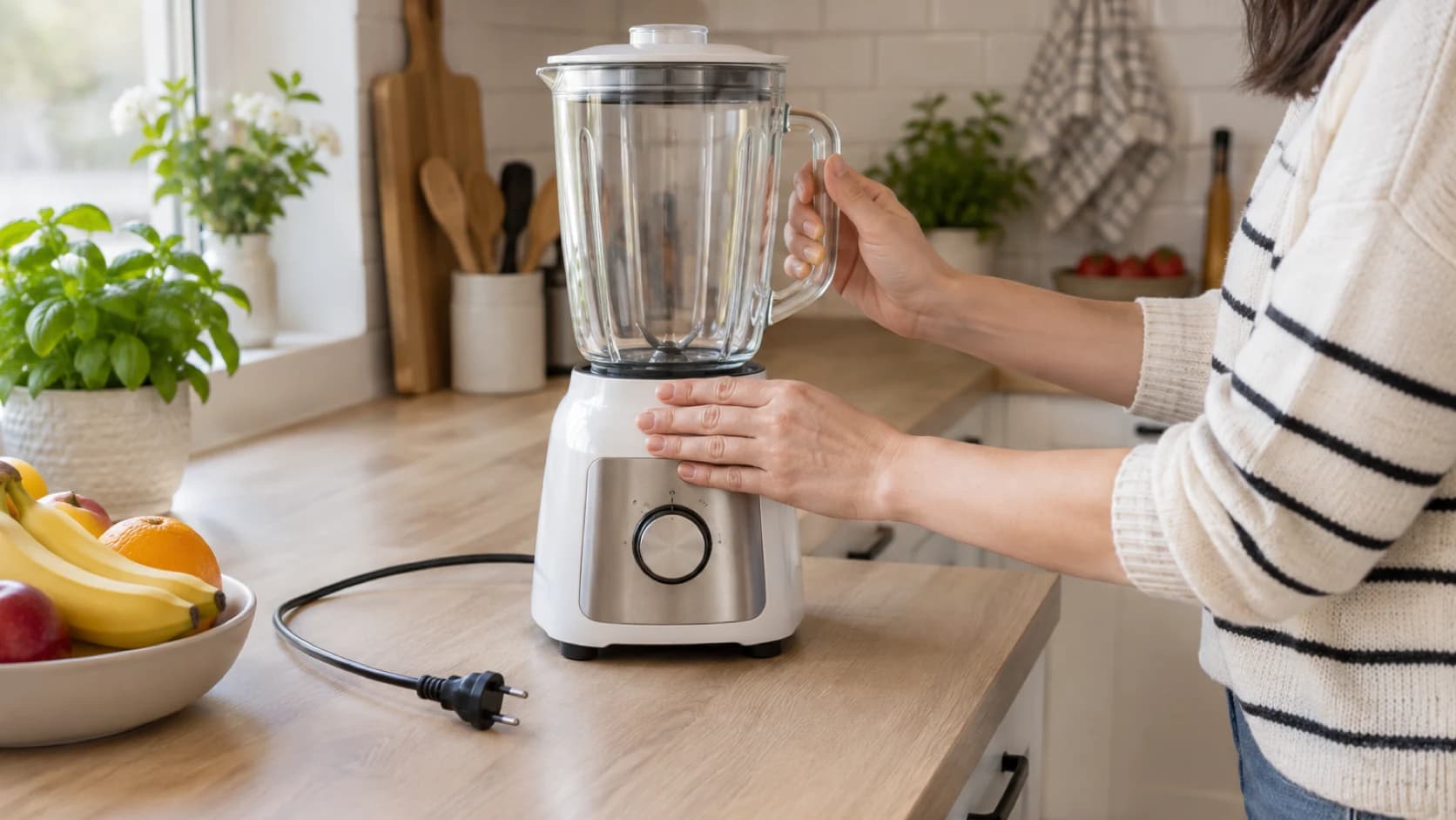 Persoană care verifică așezarea carafei pe baza unui blender de masă deconectat