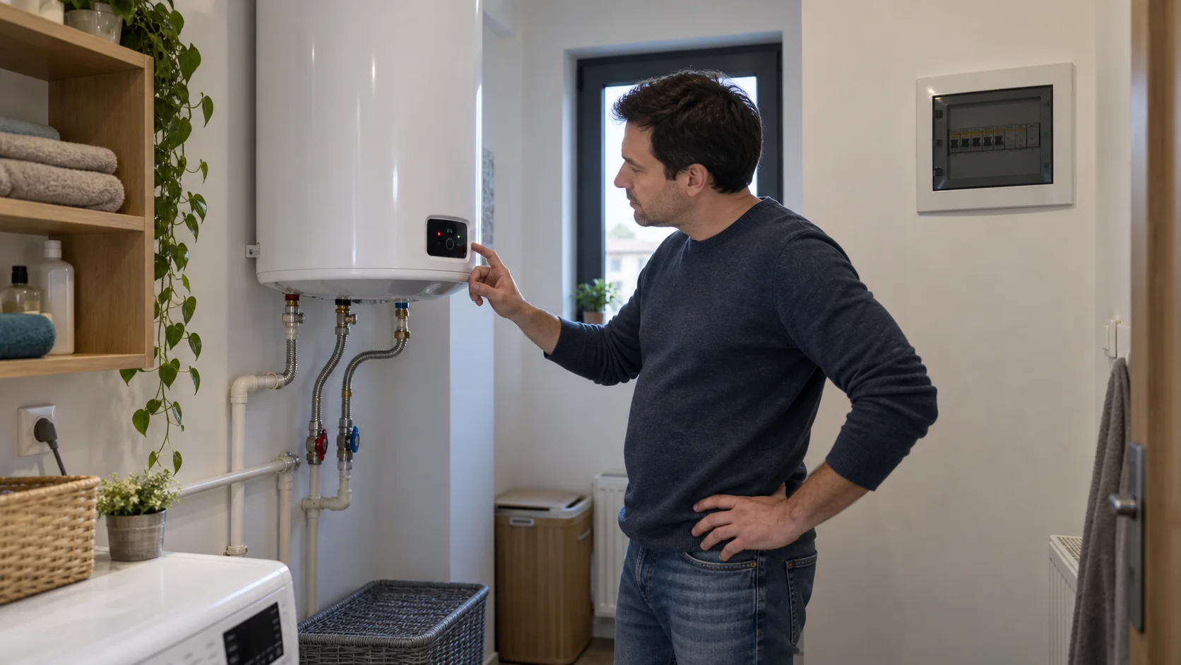 Proprietar care verifică afișajul exterior al unui boiler electric montat pe perete, fără să desfacă aparatul