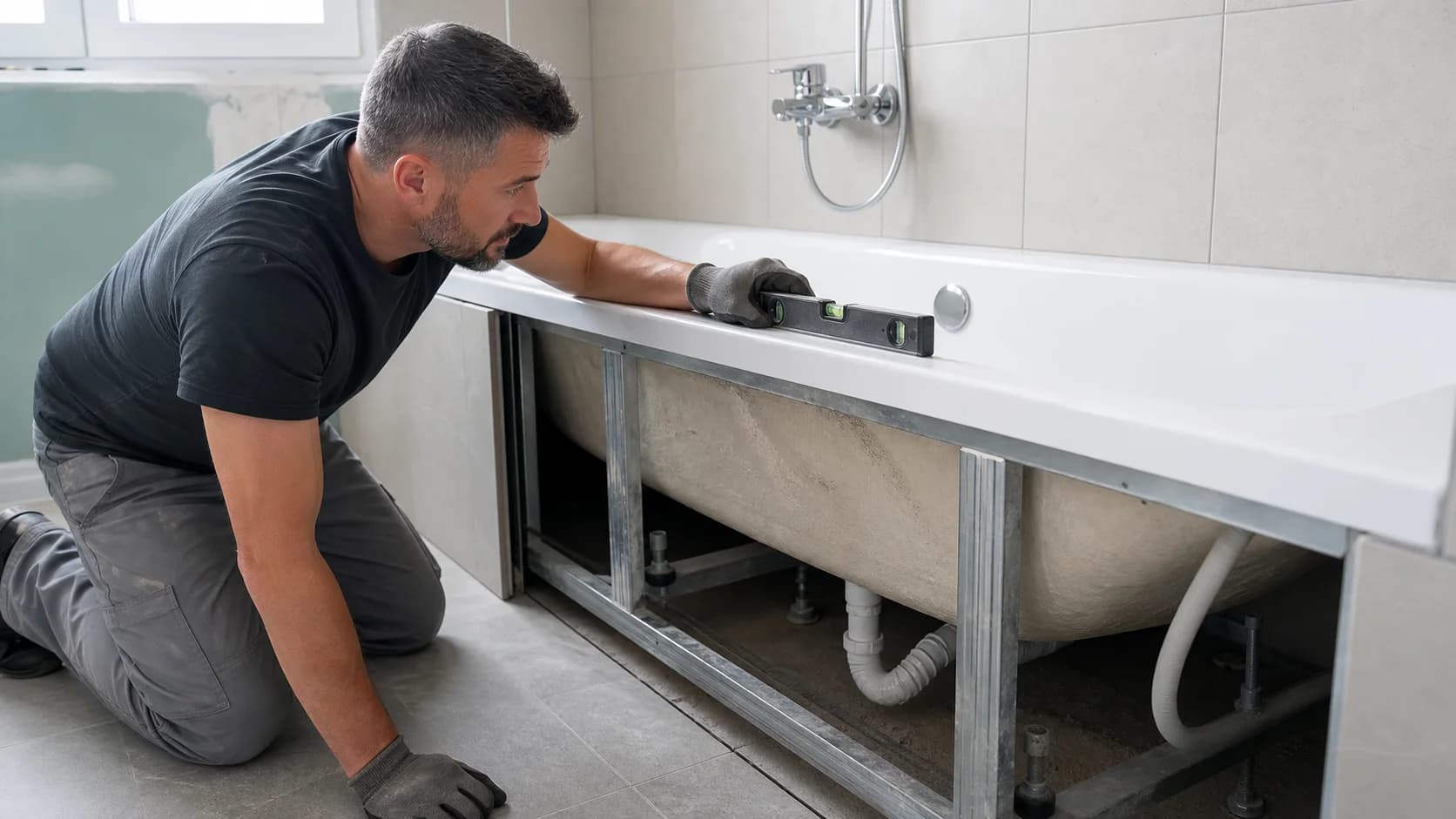 Instalator care verifică nivelul și suportul accesibil de sub marginea unei căzi acrilice
