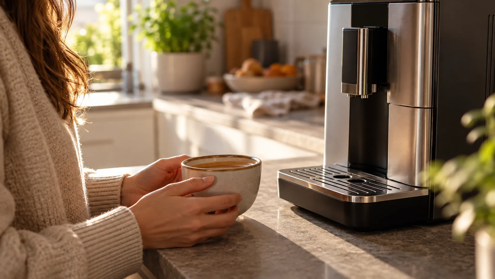Ceașcă de cafea lângă un espressor automat într-o bucătărie