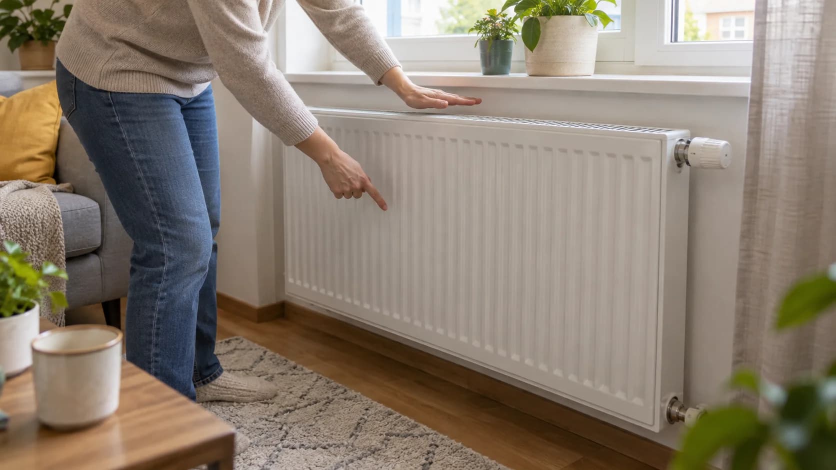 Persoană care verifică de la distanță diferența de temperatură dintre partea superioară și inferioară a unui calorifer