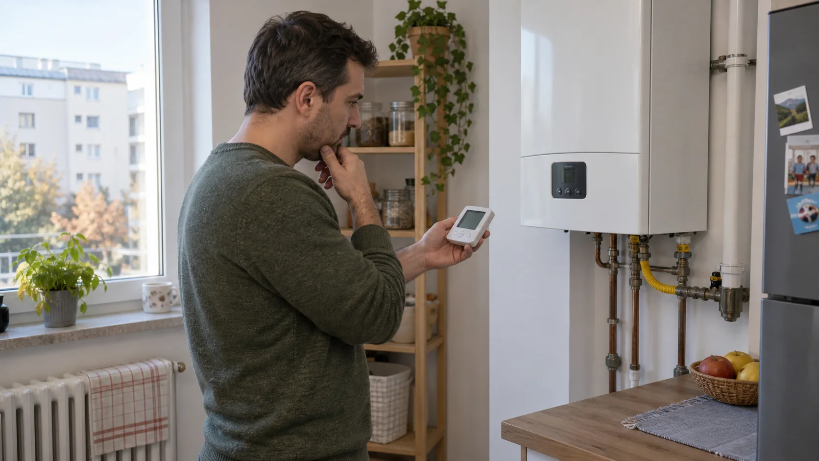 Proprietar care compară temperatura termostatului cu afișajul unei centrale termice, fără să desfacă aparatul