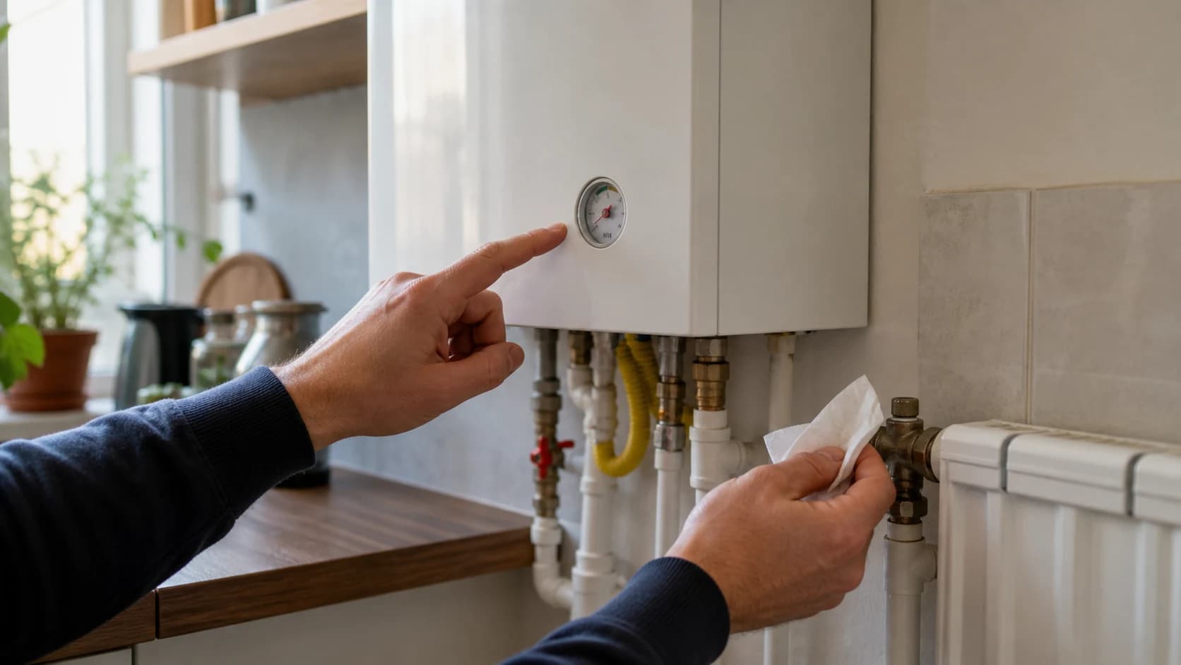 Proprietar care citește manometrul centralei și verifică un robinet de calorifer cu un șervețel uscat
