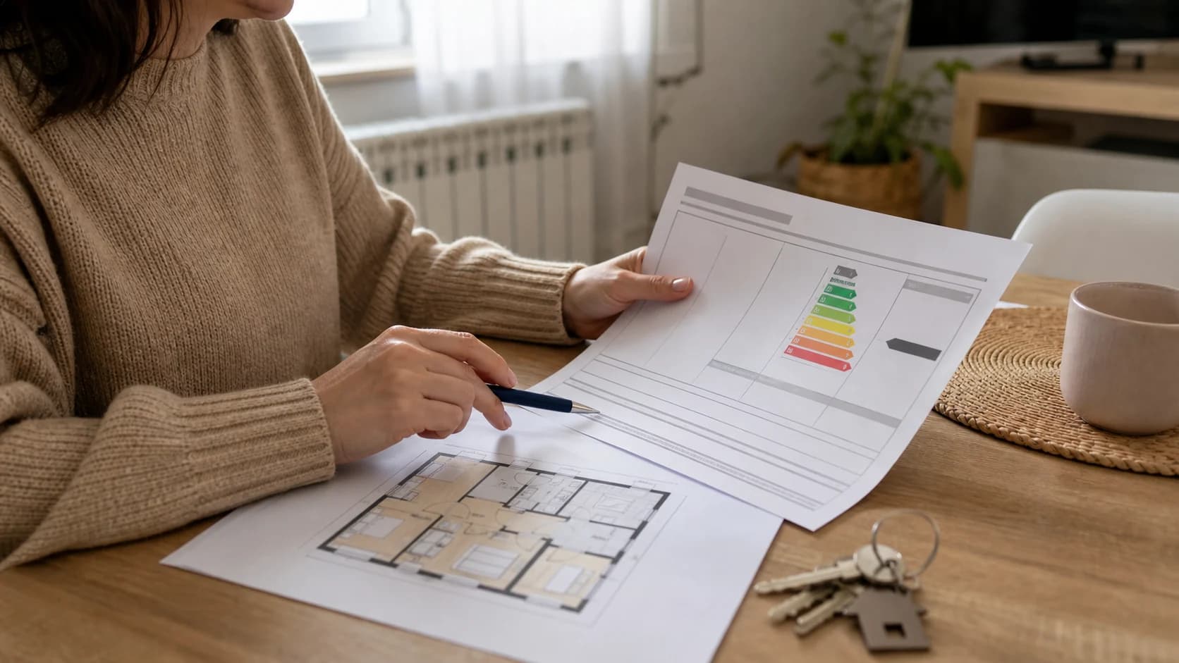 Proprietară verificând certificatul de performanță energetică al unui apartament lângă planul locuinței