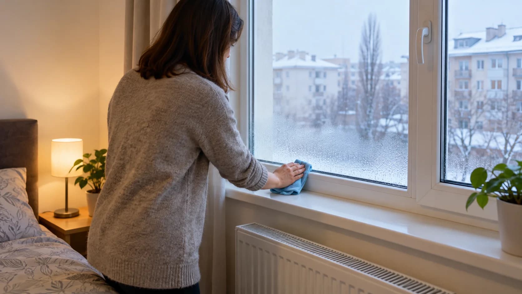 Persoană care șterge condensul de pe fața interioară a unui geam, deasupra unui radiator