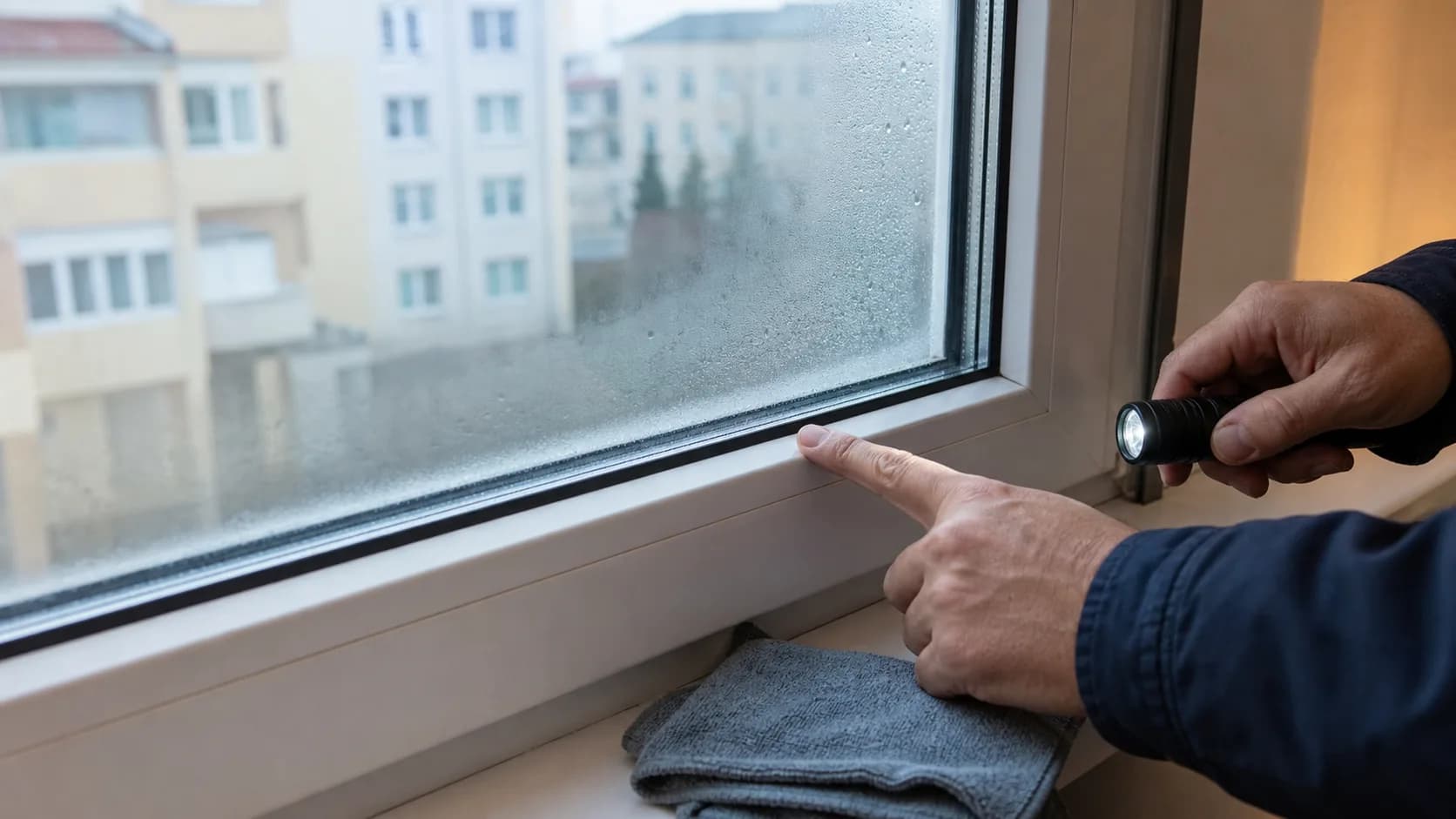 Tehnician care verifică umezeala prinsă între foile unui geam termoizolant