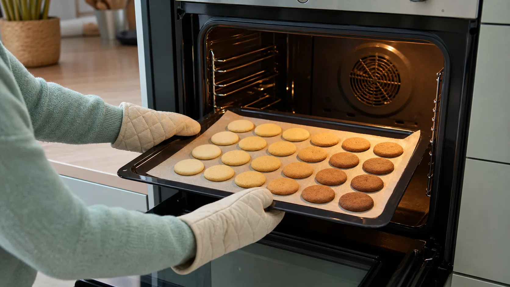 Persoană cu mănuși termice care scoate din cuptor o tavă cu biscuiți rumeniți neuniform