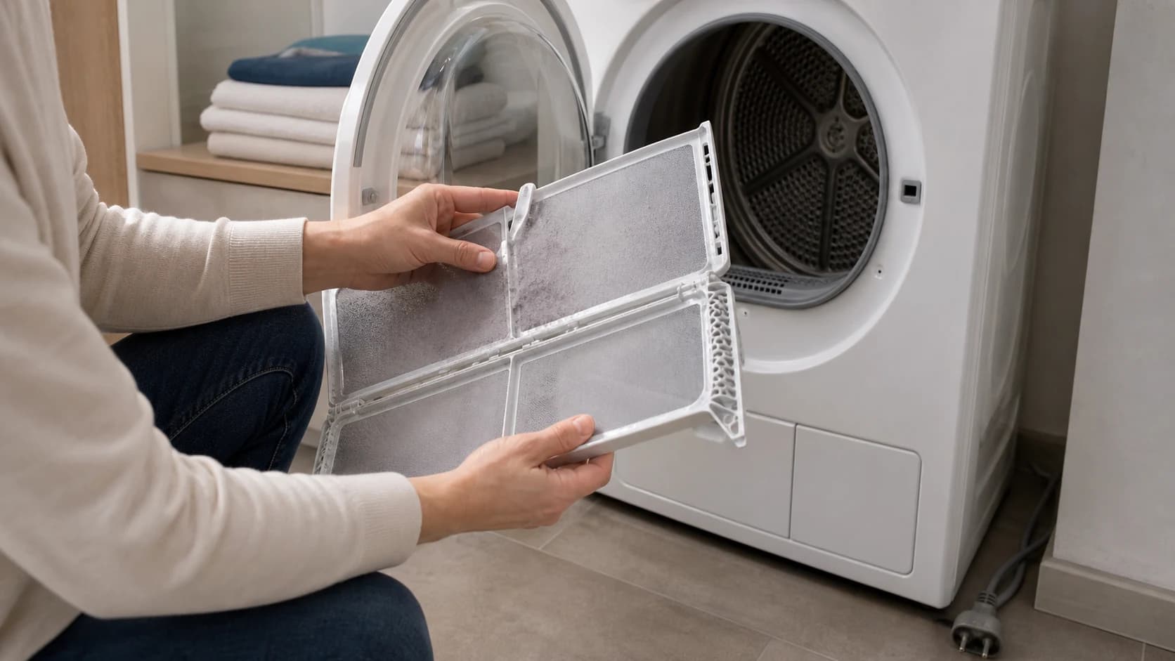 Persoană care scoate scamele din filtrul deschis al unui uscător de rufe cu pompă de căldură