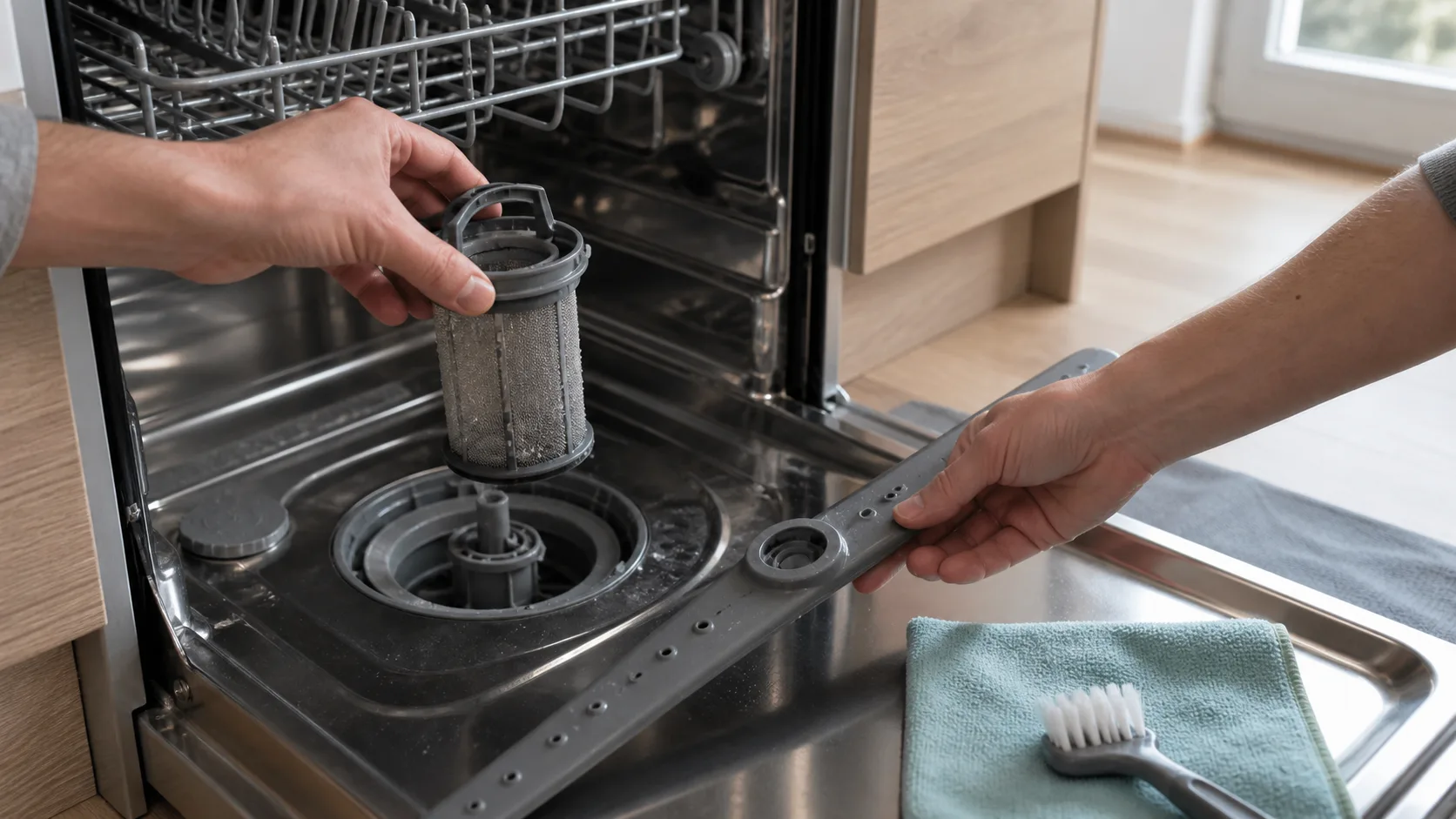 Persoană care scoate filtrul și verifică brațul de pulverizare al unei mașini de spălat vase