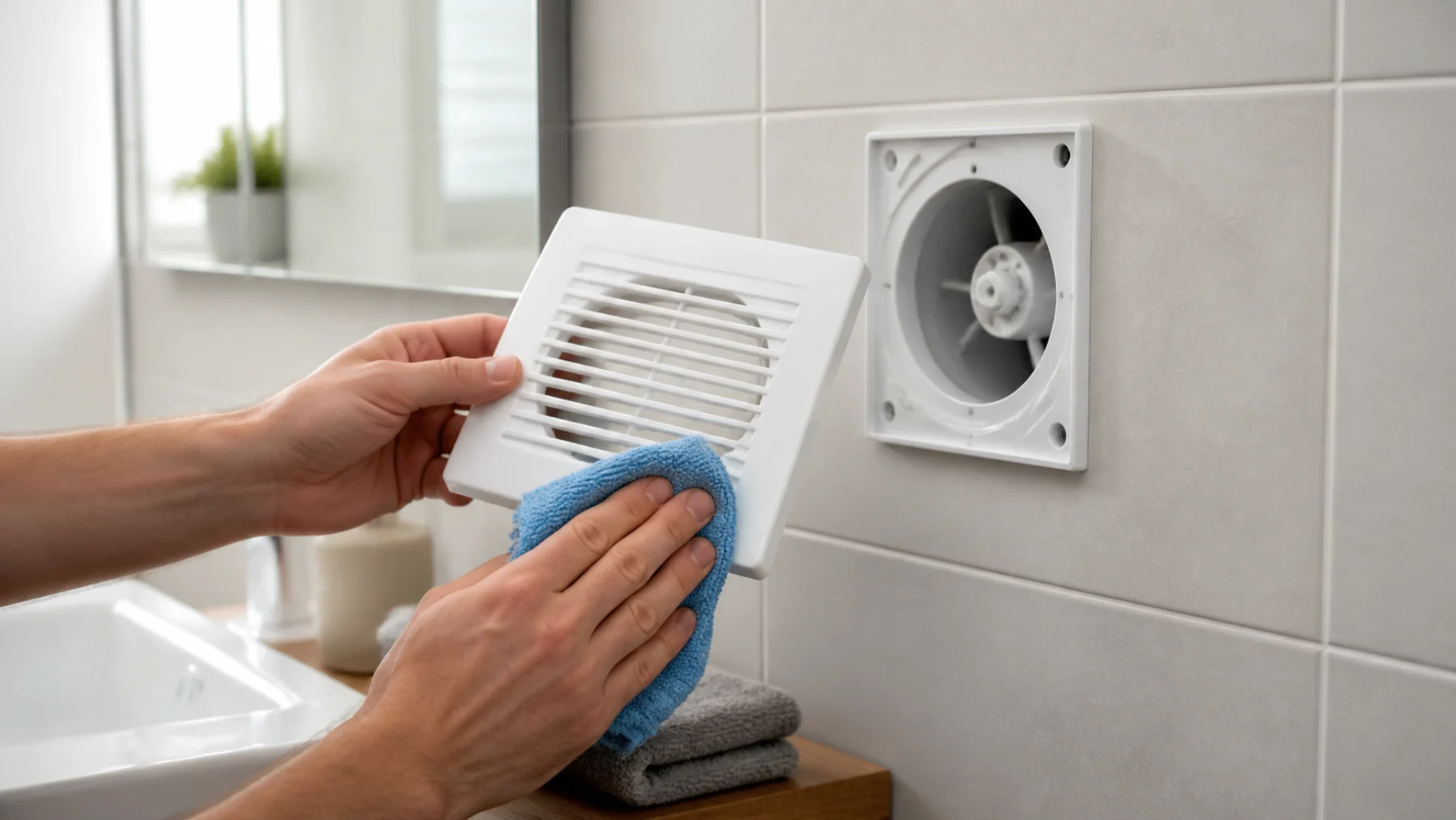 Persoană care șterge cu o lavetă grila demontată a ventilatorului de baie, lângă carcasa fixată pe peretele placat