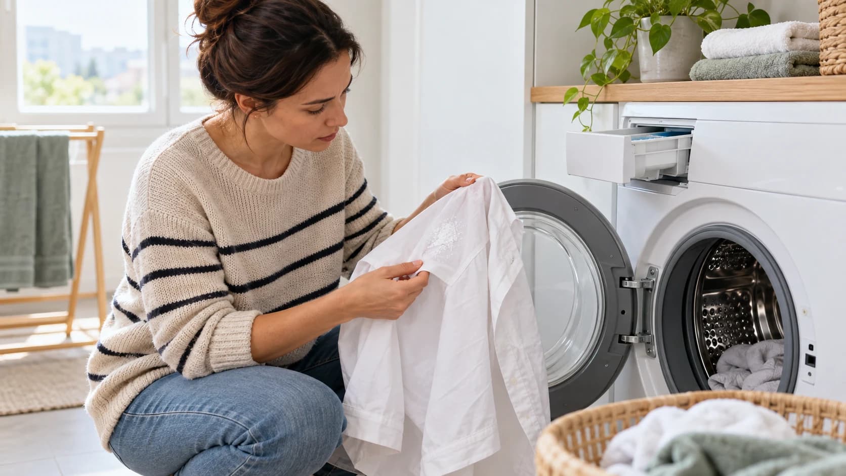 Persoană care verifică o cămașă albă cu urme de detergent lângă o mașină de spălat