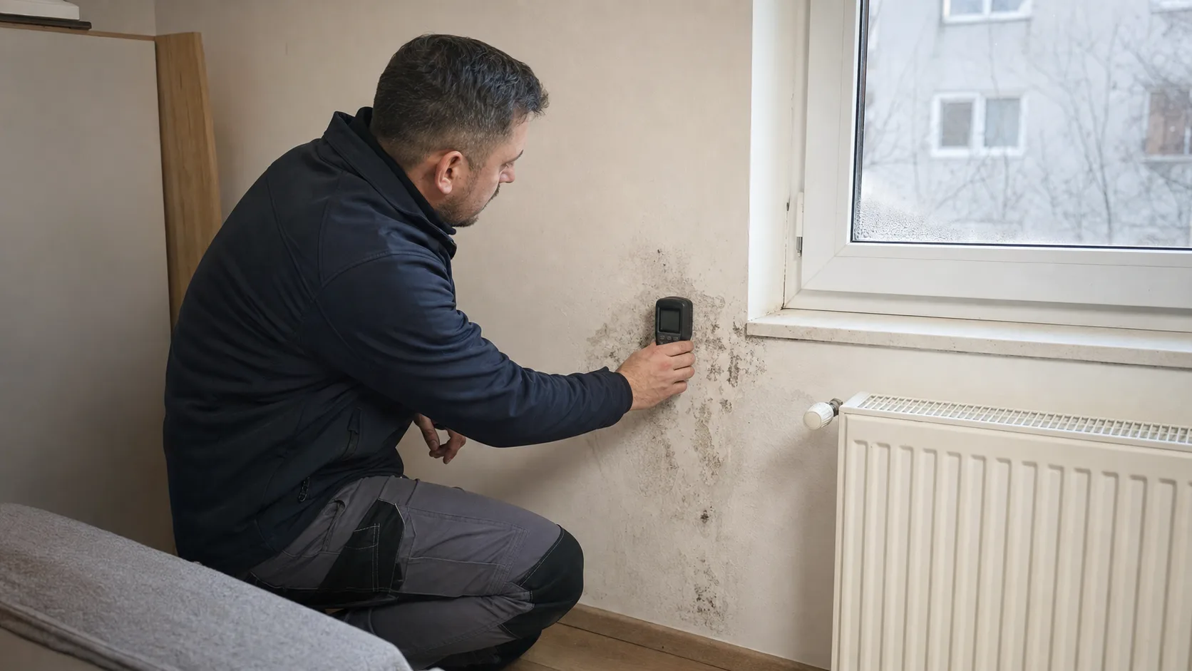 Specialist care măsoară umiditatea unui perete pătat lângă o fereastră într-un apartament