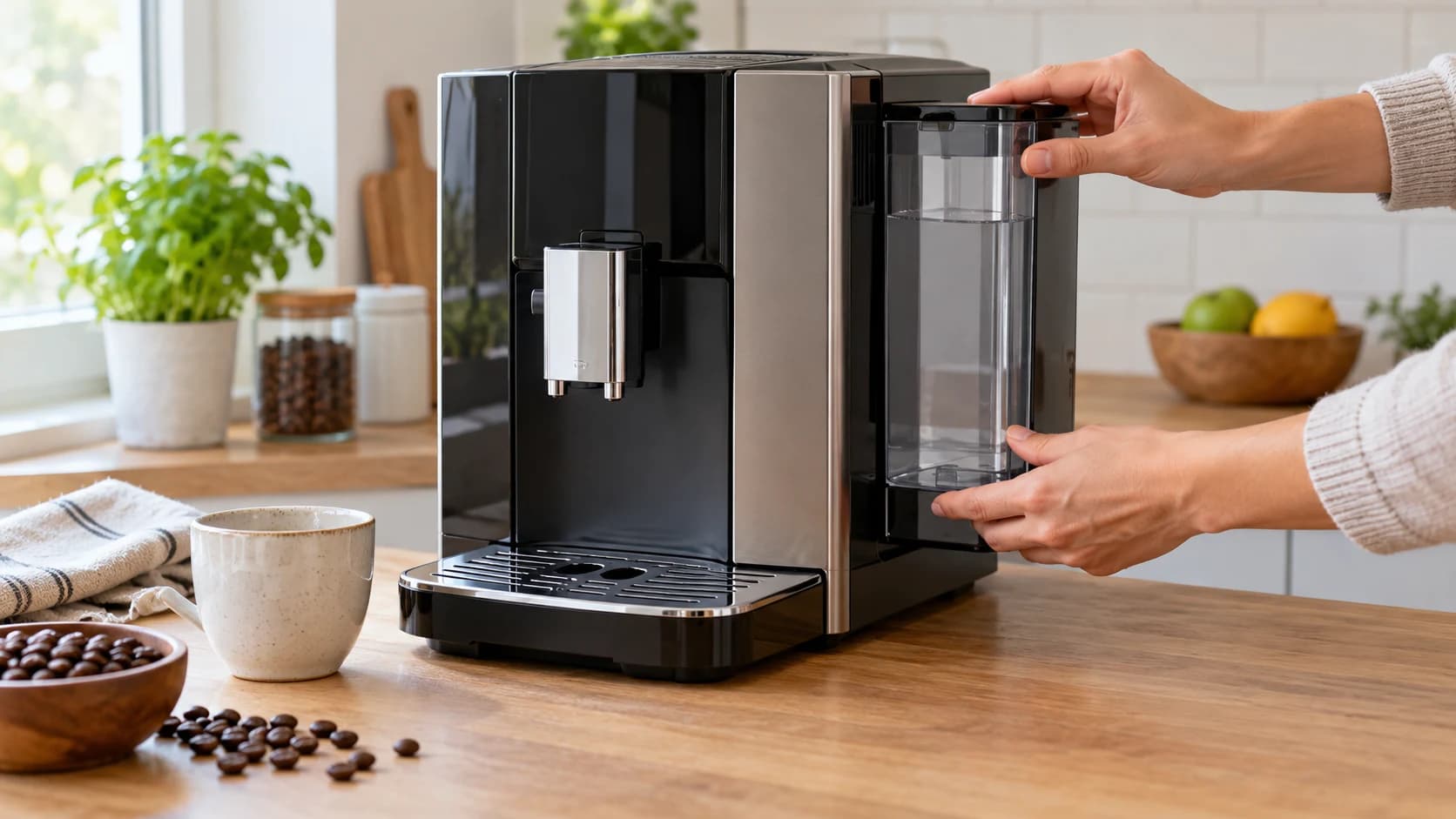 Mâini care introduc rezervorul de apă într-un espressor automat nebranduit