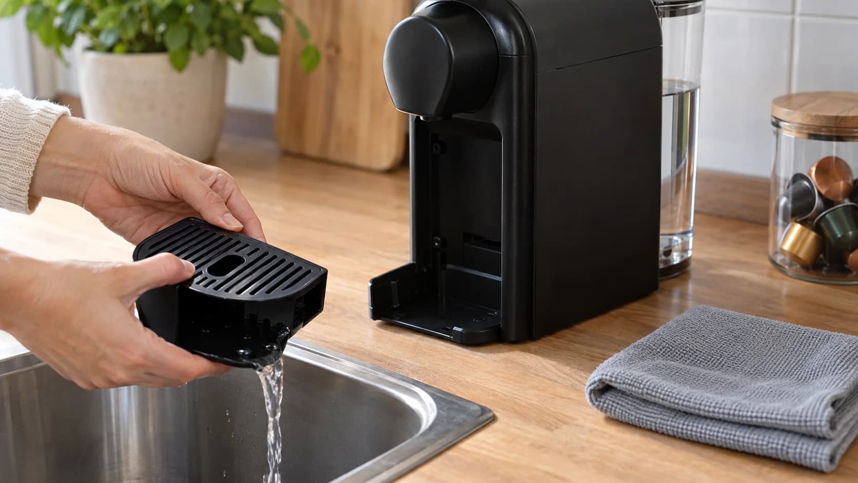 Persoană care golește tava de scurgere a unui espressor nebranduit, pe blatul unei bucătării