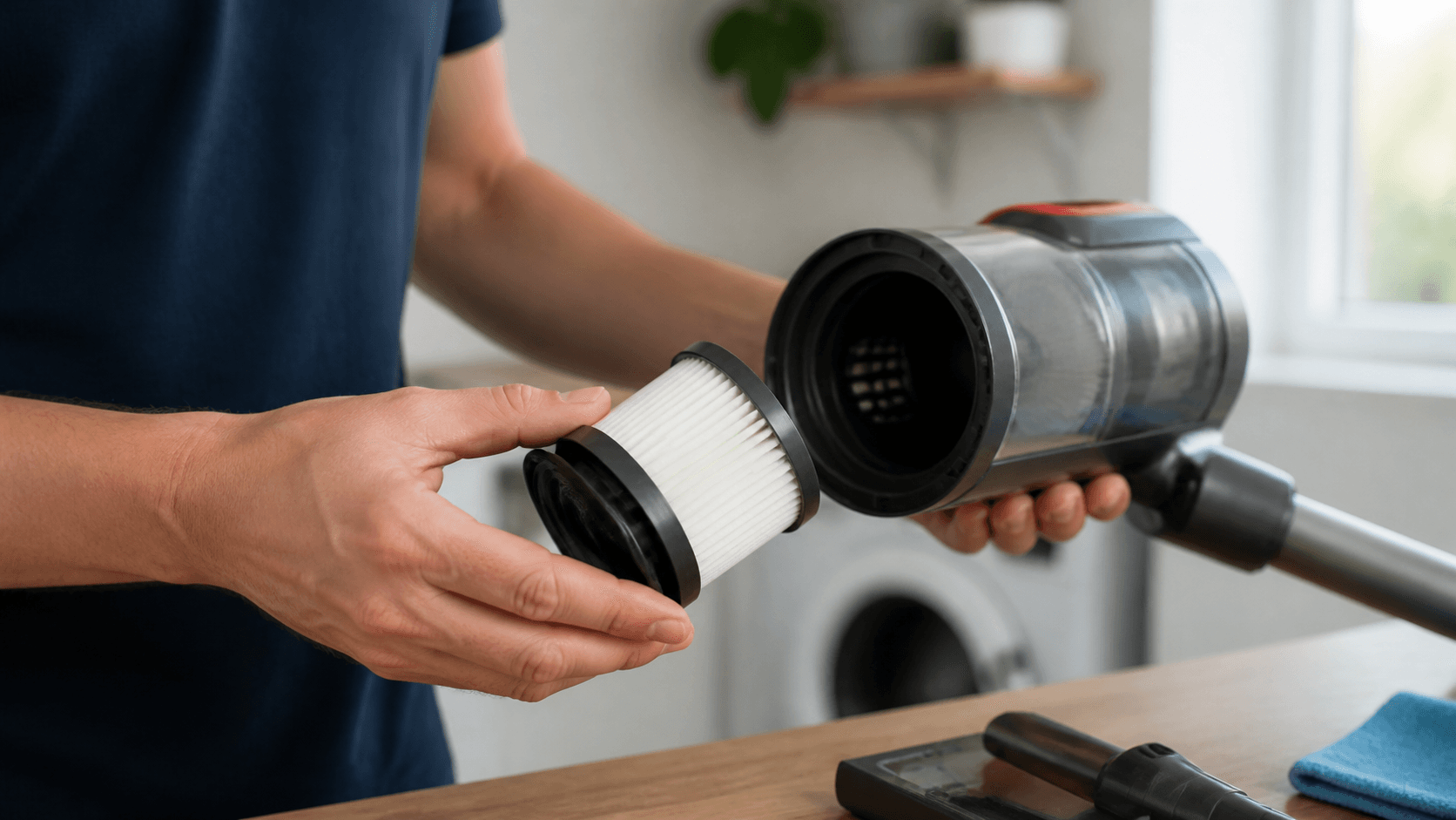 Proprietar care compară forma unui filtru plisat cu locașul unui aspirator vertical generic