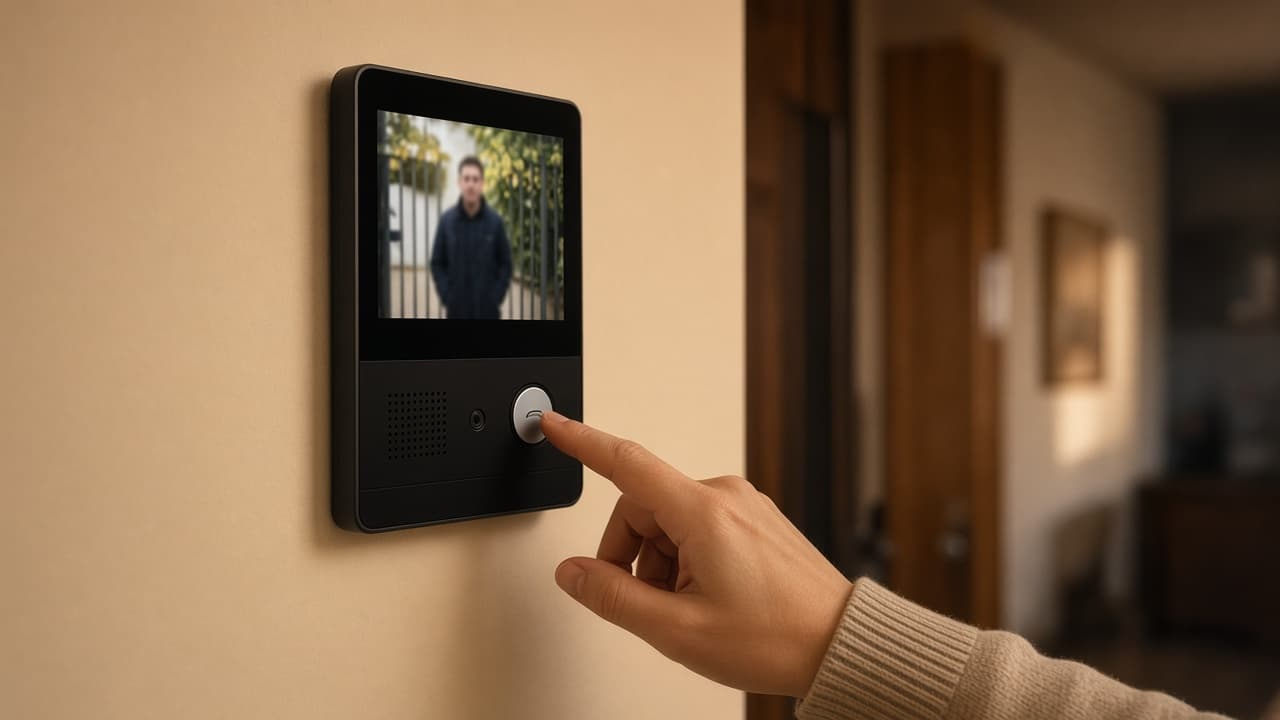 Videointerfon modern cu ecran color montat lângă ușa de intrare a unei case, cu imaginea vizitatorului afișată pe display