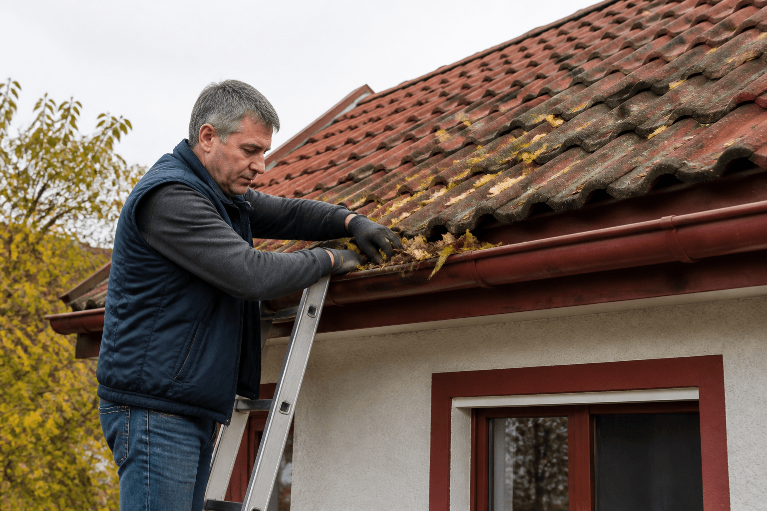 Muncitor pe scară curățând frunze din jgheabul unei case cu acoperiș din țiglă, înaintea sezonului ploios