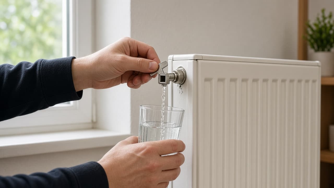 Mână aerisind un calorifer alb cu o cheiță de aerisire și un pahar dedesubt, într-un apartament luminos, în sezonul rece