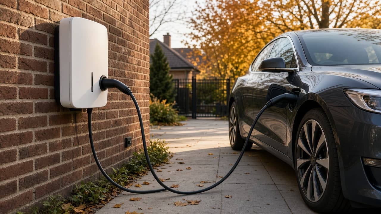 Stație de încărcare wallbox albă montată pe peretele exterior al unei case, cu cablul conectat la o mașină electrică parcată în curte
