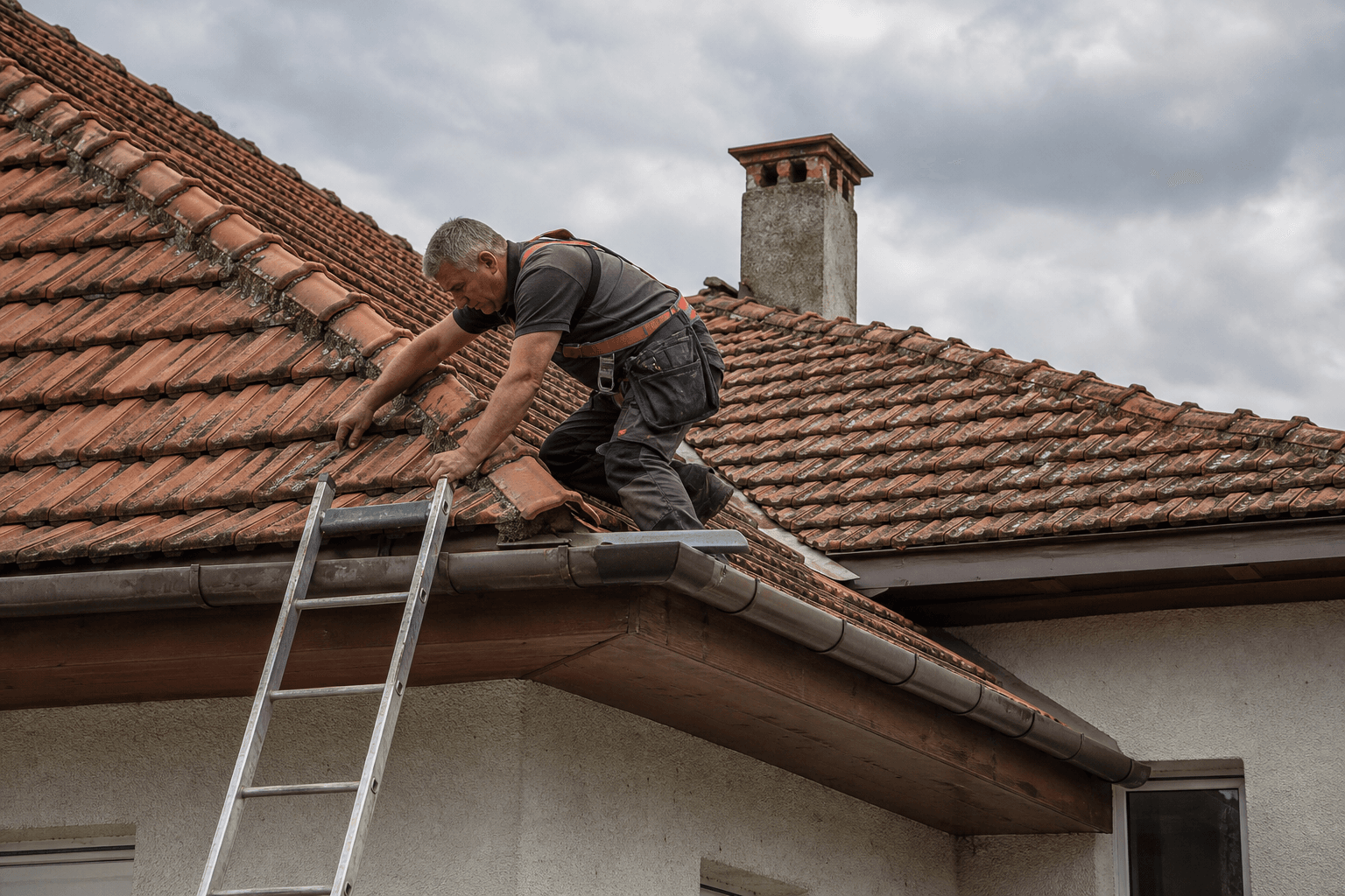 Meșter cu echipament de siguranță verificând țiglele ceramice ale unui acoperiș înainte de sezonul ploios