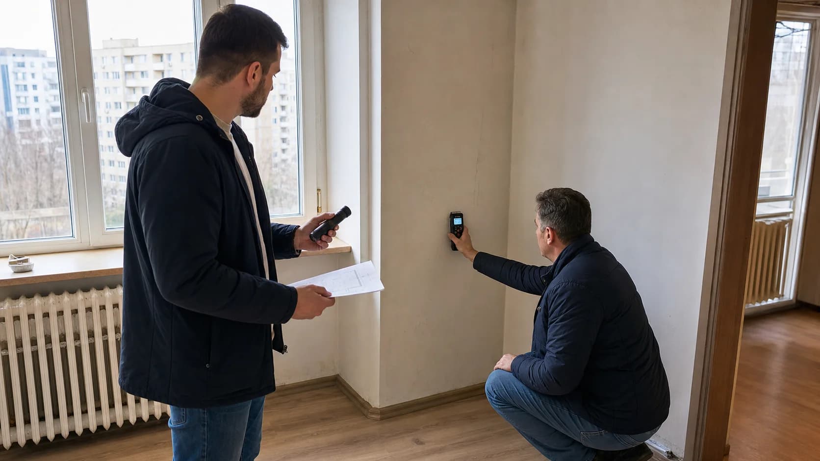 Cumpărător și inginer verificând cu un aparat peretele unui apartament înainte de cumpărare