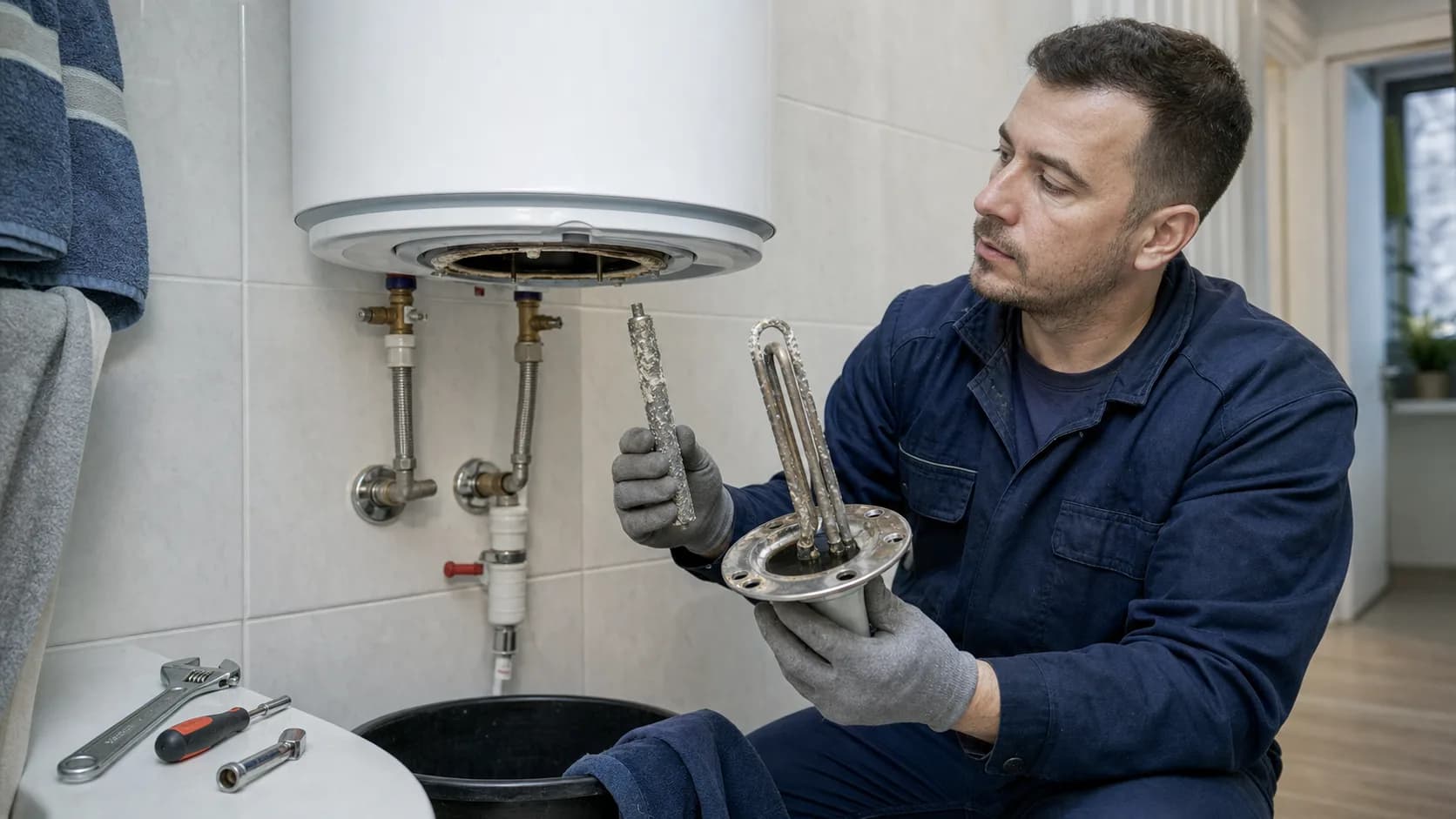 Tehnician verificând rezistența și anodul unui boiler electric demontat pentru întreținere