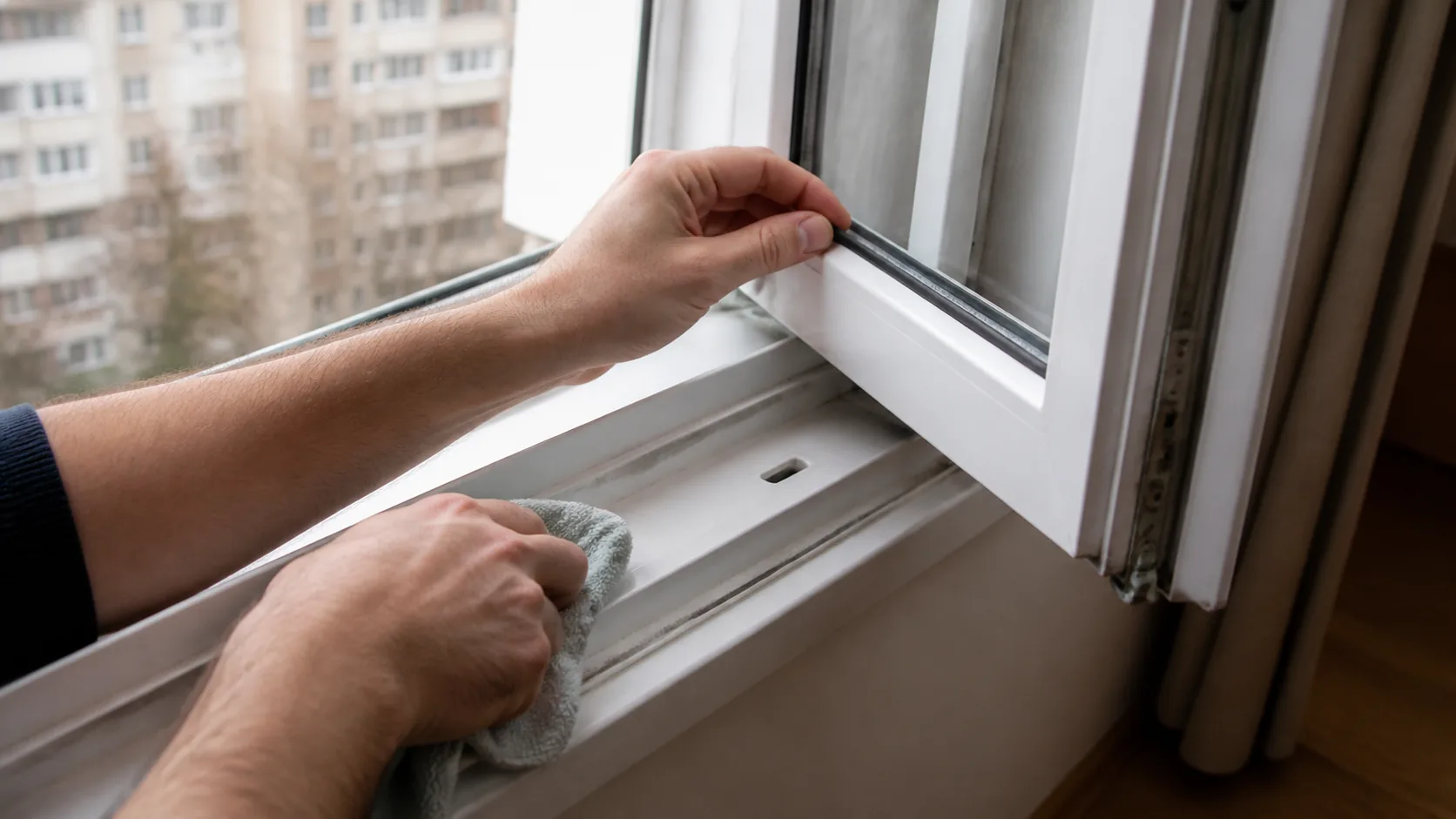Persoană care curăță canalul de drenaj și verifică garnitura unei ferestre PVC oscilo-batante