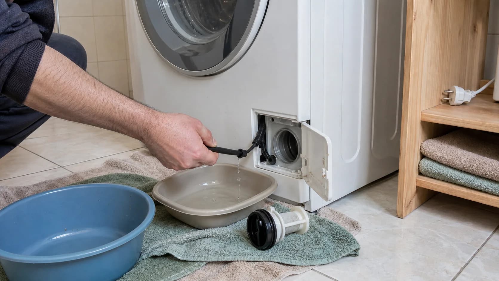 Persoană care golește controlat apa prin furtunul de urgență al unei mașini de spălat