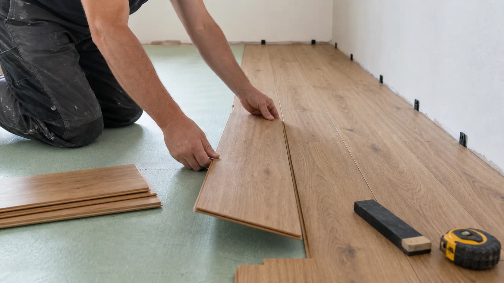Montator care fixează lamele de parchet laminat și distanțiere pentru rostul de lângă perete