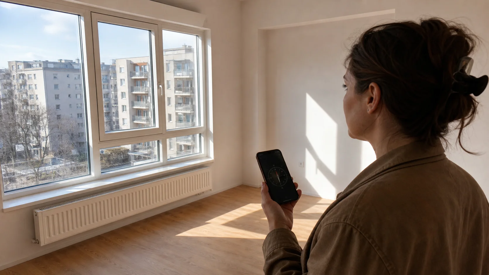 Cumpărătoare verificând cu busola telefonului orientarea ferestrelor unui apartament luminos