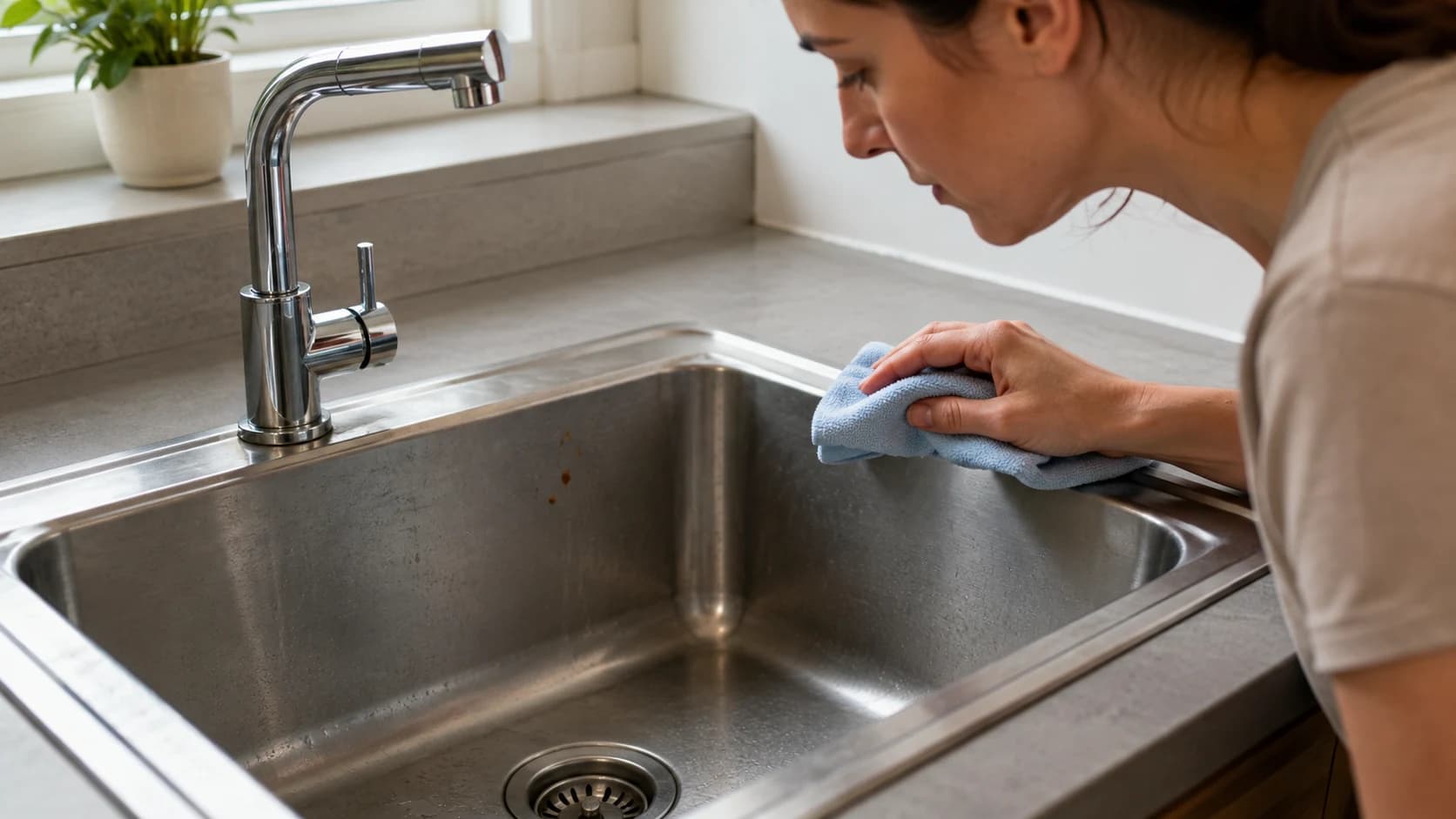 Proprietară inspectând pete maronii mici pe o chiuvetă din inox cu o lavetă moale în mână