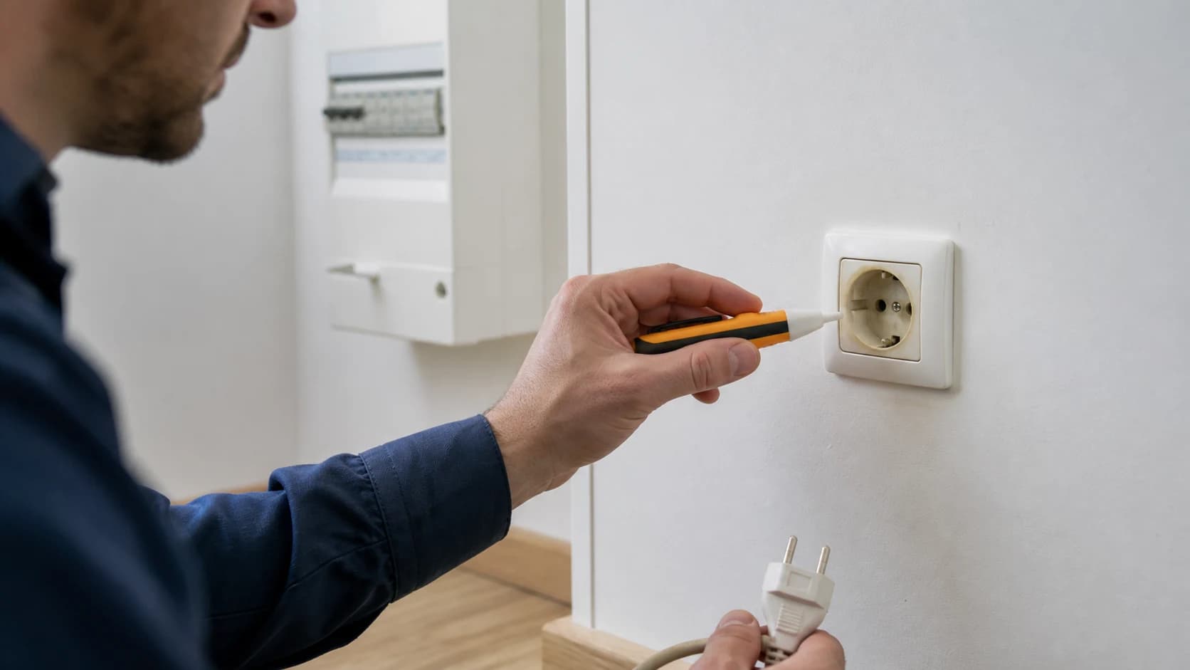 Electrician care verifică fără demontare o priză cu urme discrete de supraîncălzire