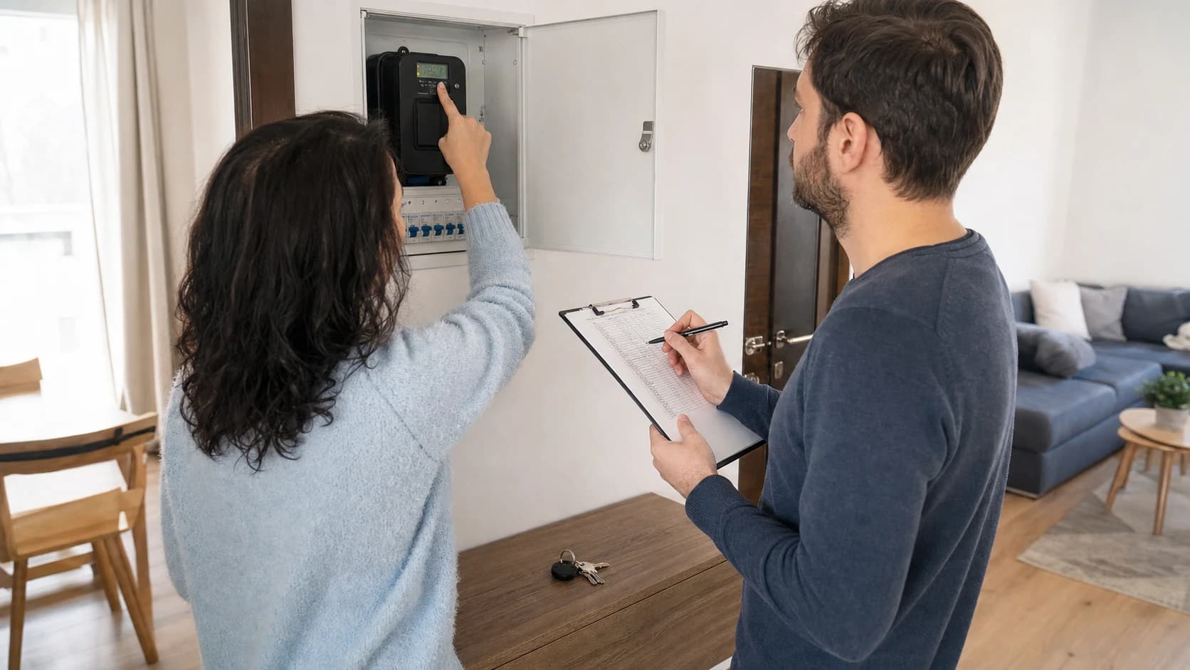 Proprietar și chiriaș verificând inventarul și indexul contorului la predarea unui apartament