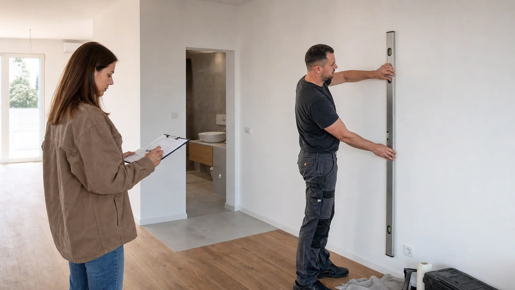 Proprietar și constructor verificând cu o listă finisajele unui apartament proaspăt renovat