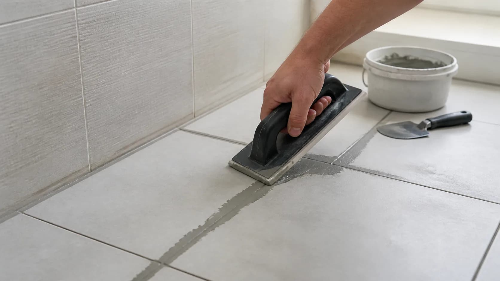 Mână care aplică chit nou cu spatula de cauciuc între plăci ceramice