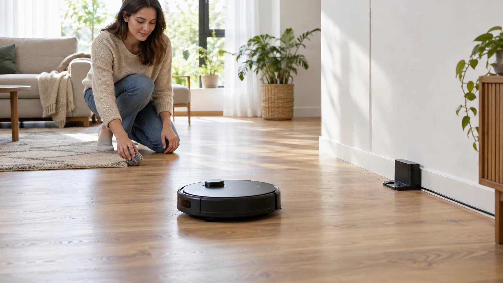 Robot aspirator nebranduit în fața unei stații de încărcare într-o cameră cu traseu liber