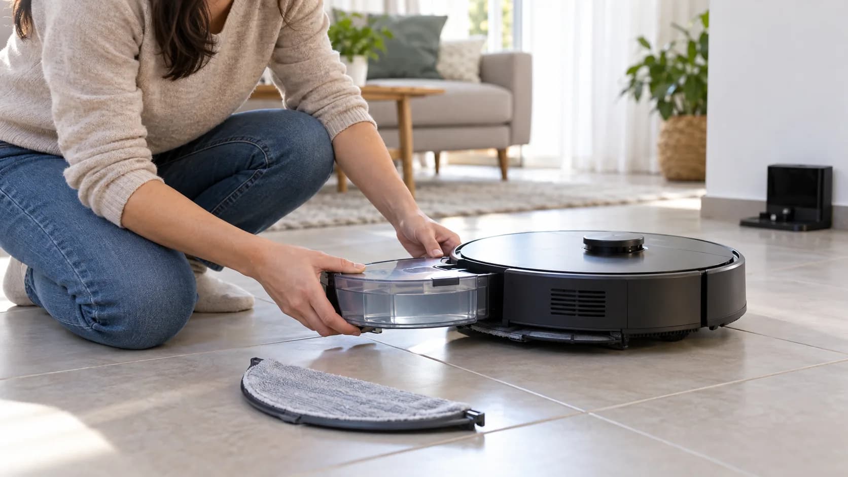 Persoană care verifică rezervorul de apă al unui robot aspirator pe podea
