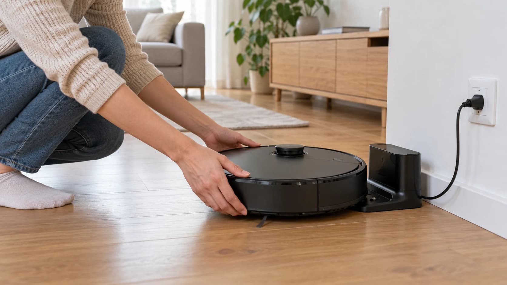Persoană care așază un robot aspirator pe stația lui de încărcare, pe o podea din lemn