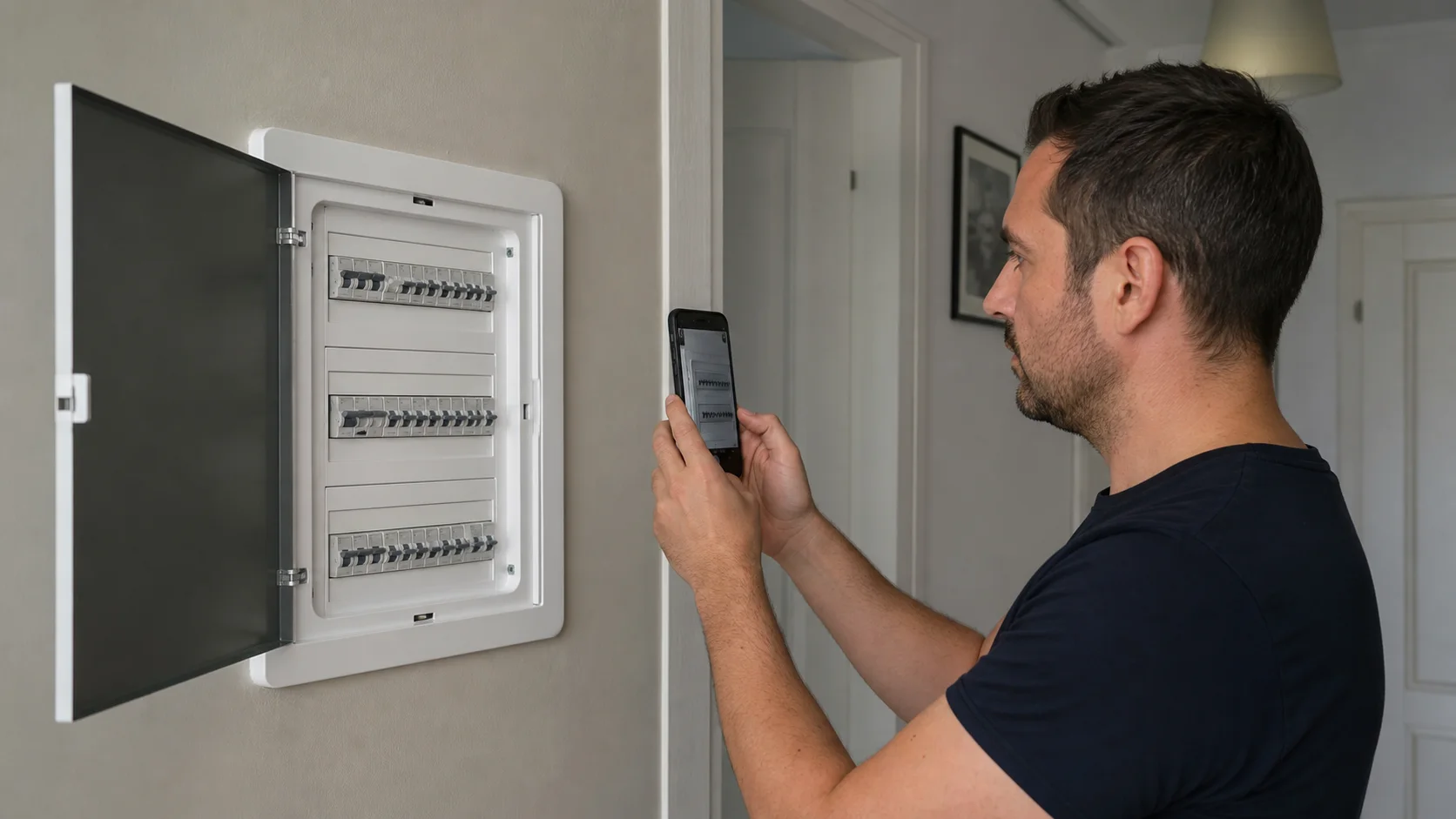 Proprietar care privește de la distanță un întreruptor declanșat într-un tablou electric modern, fără să atingă conductoarele