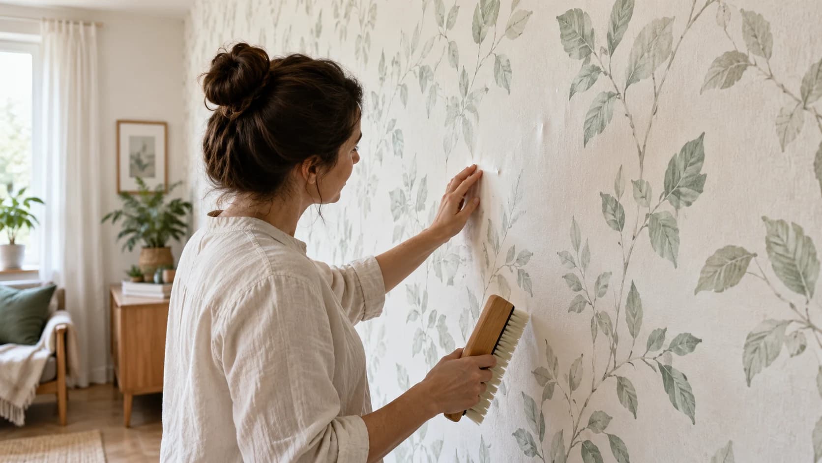 Persoană care inspectează mici bule de aer într-un tapet cu model vegetal