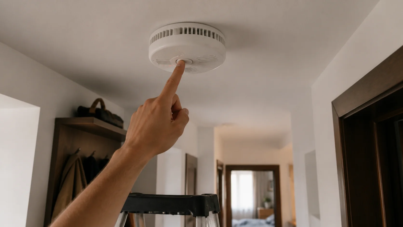 Mână care apasă butonul de test al unui detector de fum montat pe tavanul holului