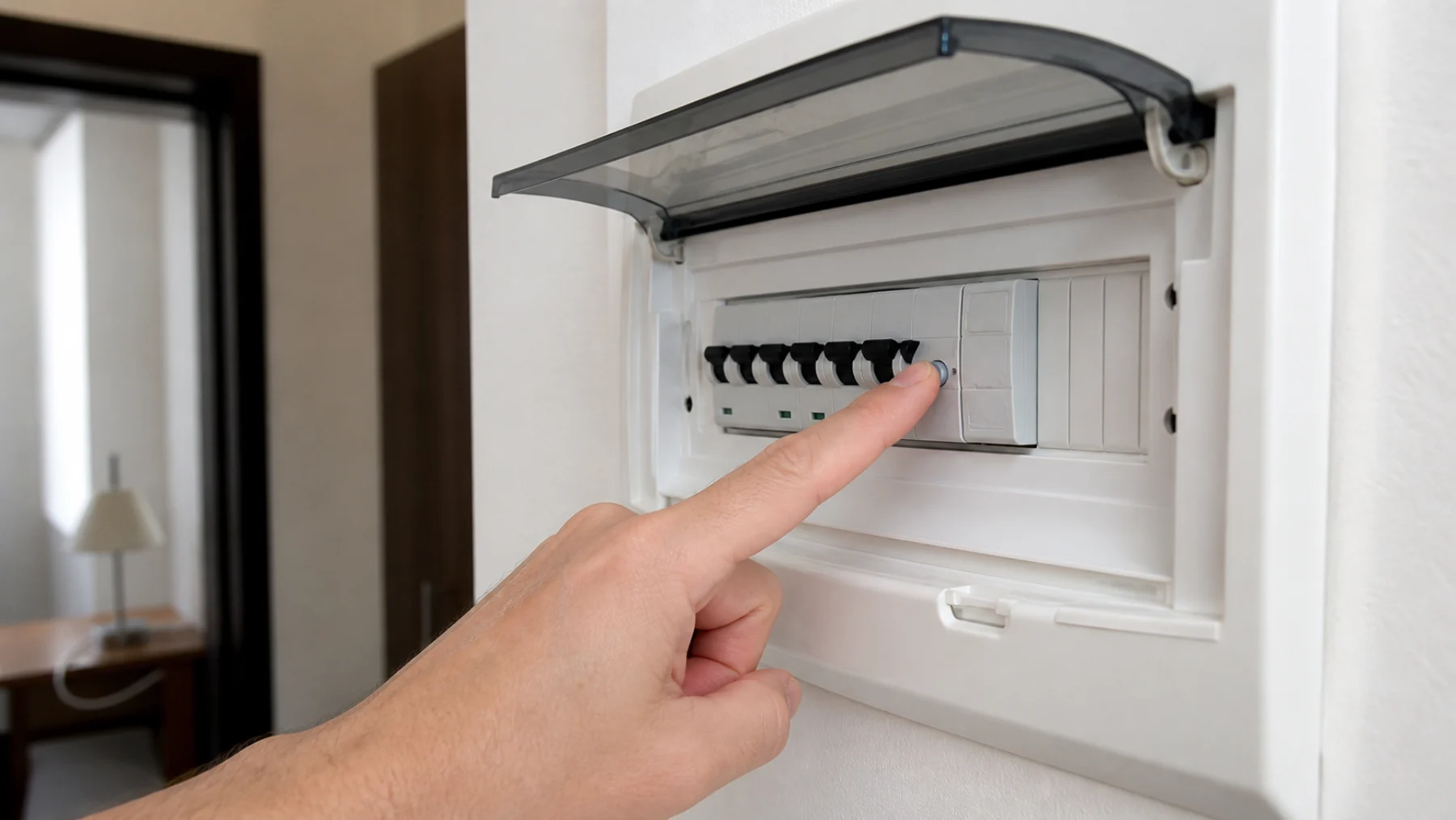 Mână care apasă butonul de test al protecției diferențiale într-un tablou electric închis și fără conductoare expuse