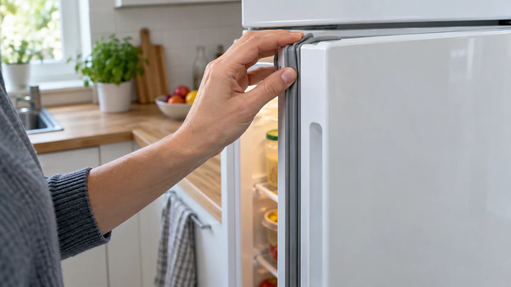 Mână care verifică ușor garnitura ușii unui frigider alb nebranduit, într-o bucătărie