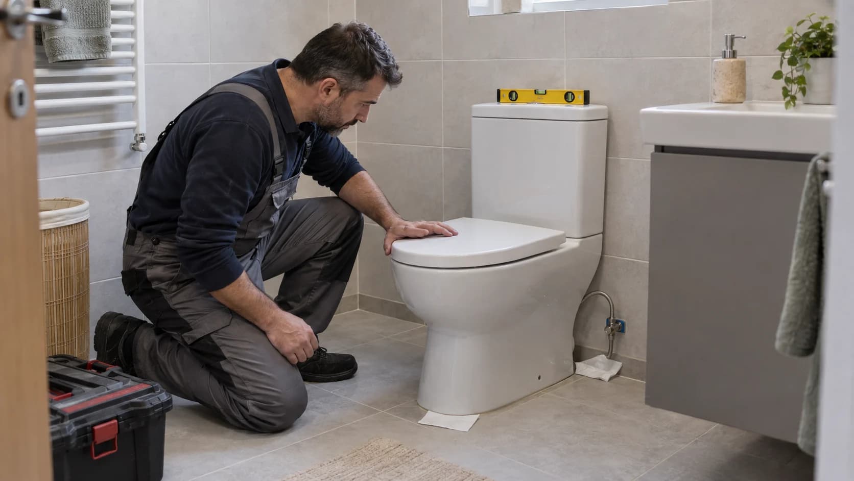 Instalator care verifică baza unui vas WC cu nivelă și hârtie absorbantă pe pardoseala uscată