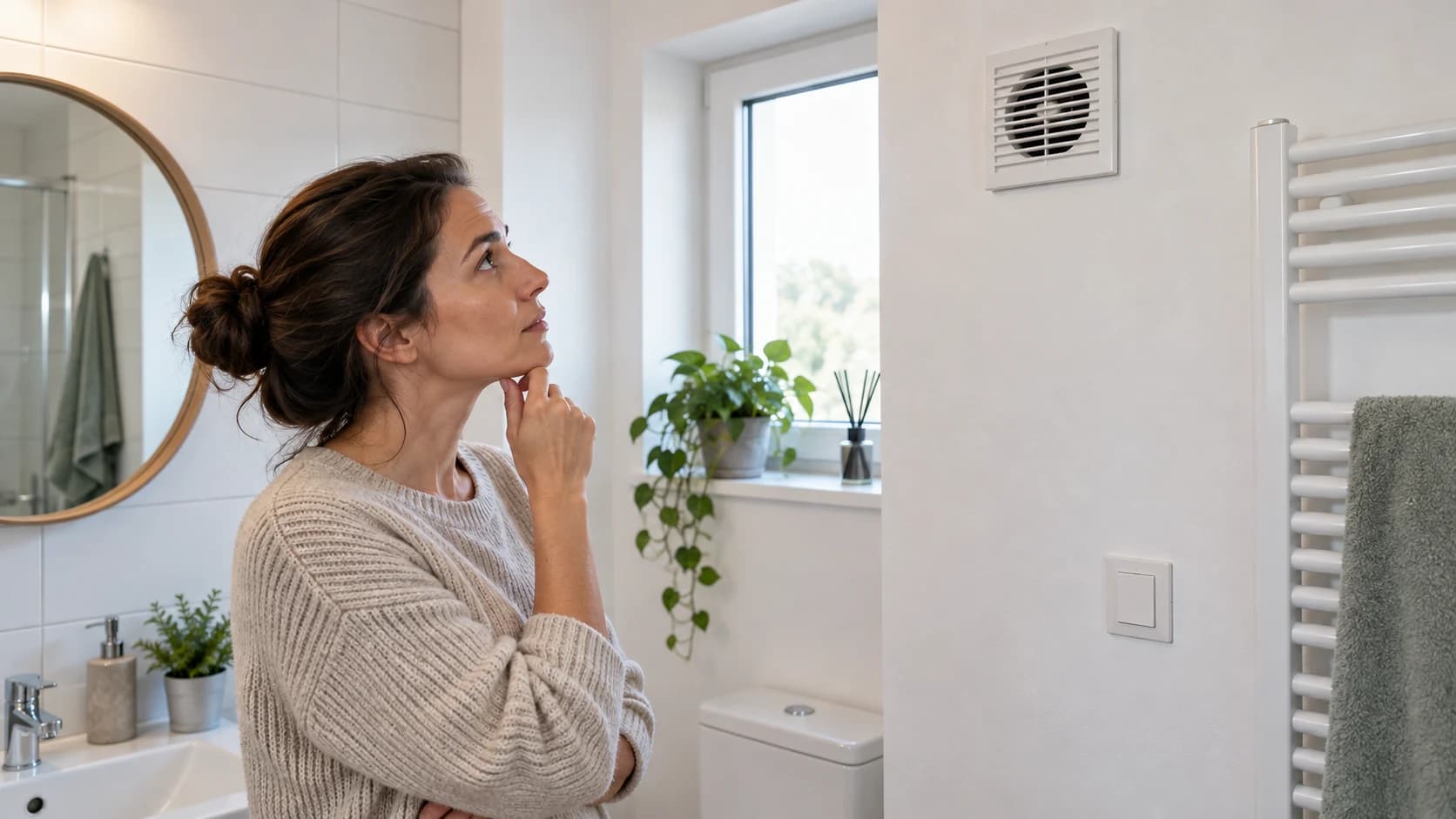 Persoană care privește un ventilator de evacuare montat sus pe peretele unei băi luminoase