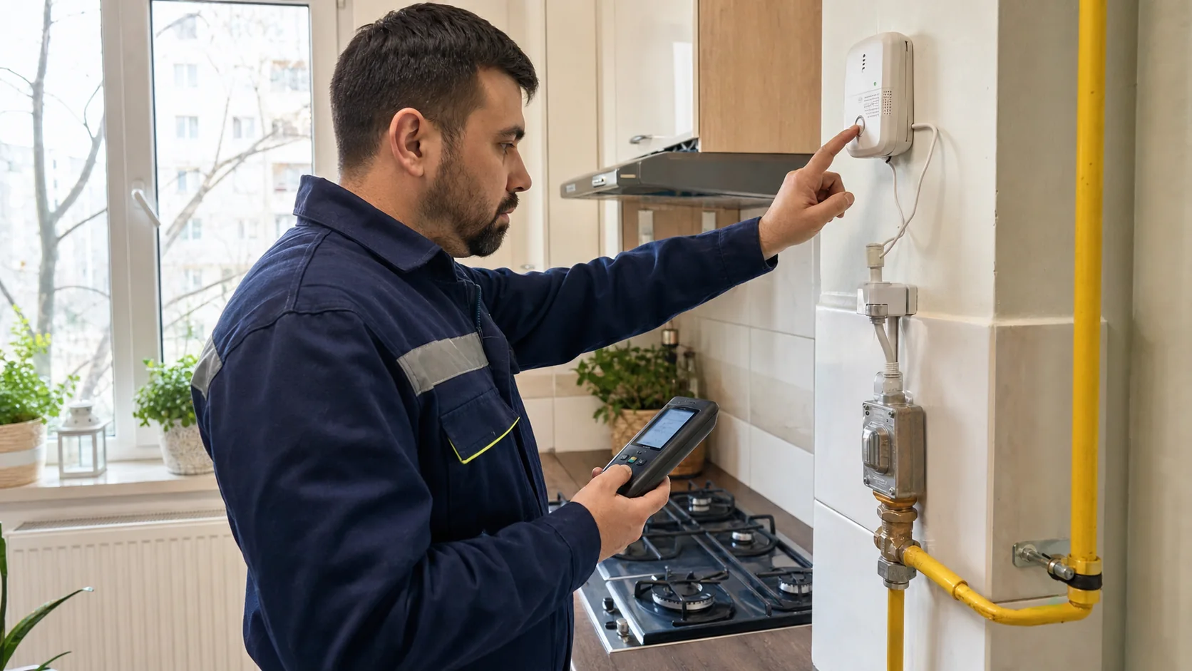 Tehnician autorizat verificând detectorul de gaze și electroventilul din bucătăria unui apartament