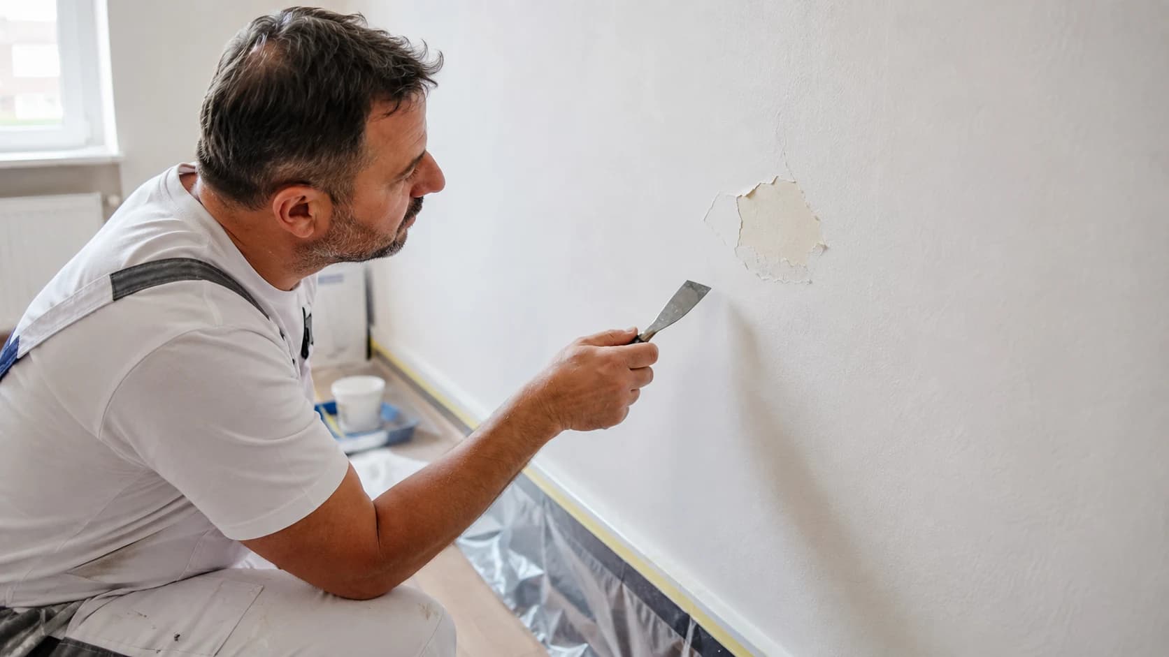 Zugrav care inspectează cu o spatulă o zonă de vopsea lavabilă umflată pe un perete interior